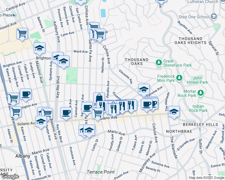 map of restaurants, bars, coffee shops, grocery stores, and more near 734 Ensenada Avenue in Berkeley