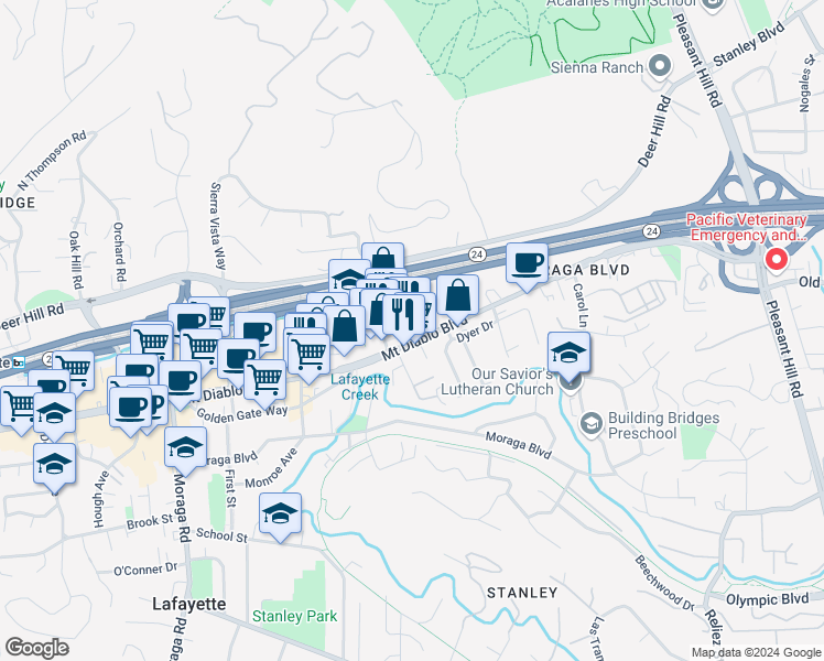 map of restaurants, bars, coffee shops, grocery stores, and more near 3400 Mount Diablo Boulevard in Lafayette