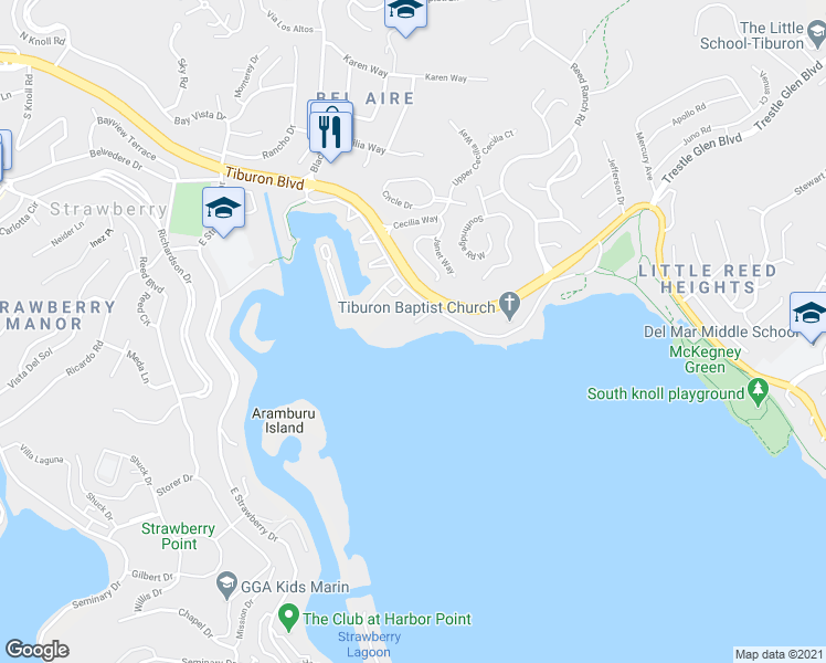 map of restaurants, bars, coffee shops, grocery stores, and more near 376 Greenwood Beach Road in Tiburon