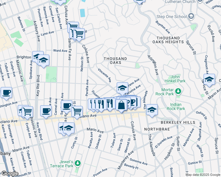 map of restaurants, bars, coffee shops, grocery stores, and more near 1813 San Lorenzo Avenue in Berkeley