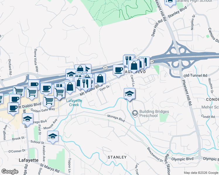 map of restaurants, bars, coffee shops, grocery stores, and more near 3357 Mount Diablo Boulevard in Lafayette