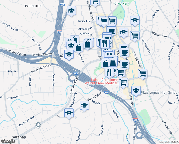 map of restaurants, bars, coffee shops, grocery stores, and more near 1310 Alma Avenue in Walnut Creek