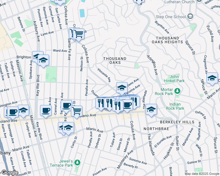 map of restaurants, bars, coffee shops, grocery stores, and more near 1813 San Lorenzo Avenue in Berkeley