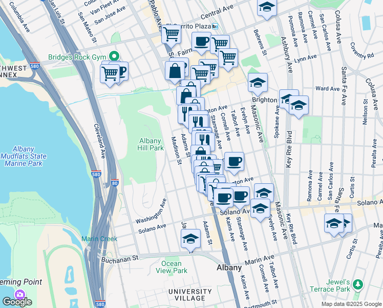 map of restaurants, bars, coffee shops, grocery stores, and more near 645 Adams Street in Albany