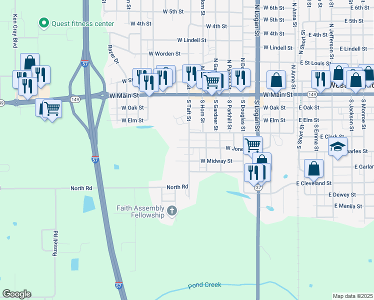 map of restaurants, bars, coffee shops, grocery stores, and more near 807 West Jones Street in West Frankfort