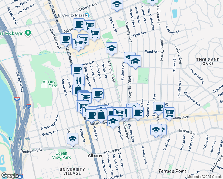 map of restaurants, bars, coffee shops, grocery stores, and more near 1244 Portland Avenue in Albany