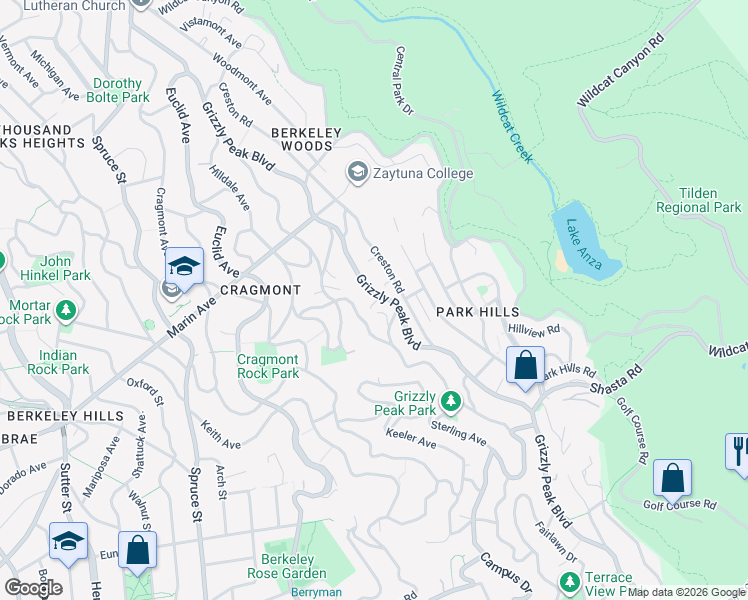 map of restaurants, bars, coffee shops, grocery stores, and more near 1016 Grizzly Peak Boulevard in Berkeley