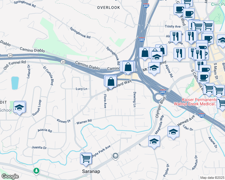 map of restaurants, bars, coffee shops, grocery stores, and more near 1202 Boulevard Way in Walnut Creek