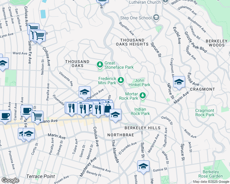 map of restaurants, bars, coffee shops, grocery stores, and more near 806 Contra Costa Avenue in Berkeley