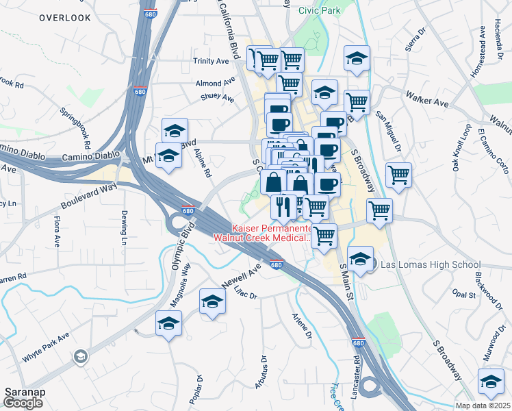 map of restaurants, bars, coffee shops, grocery stores, and more near 1700 Botelho Drive in Walnut Creek