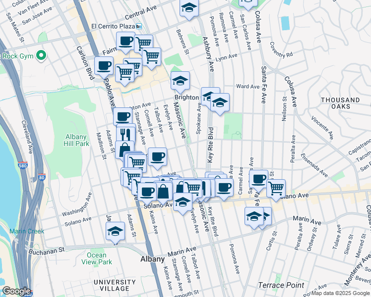map of restaurants, bars, coffee shops, grocery stores, and more near 1252 Portland Avenue in Albany