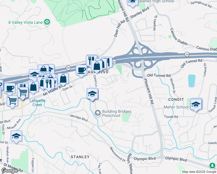 map of restaurants, bars, coffee shops, grocery stores, and more near 1076 Carol Lane in Lafayette