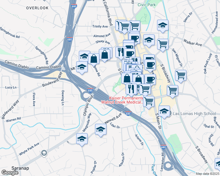 map of restaurants, bars, coffee shops, grocery stores, and more near 1315 Alma Avenue in Walnut Creek