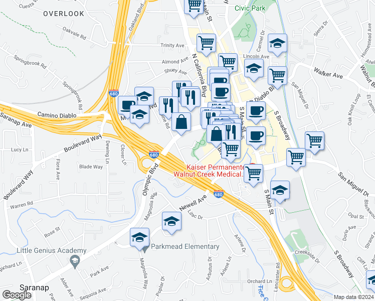 map of restaurants, bars, coffee shops, grocery stores, and more near 1330 Alma Avenue in Walnut Creek