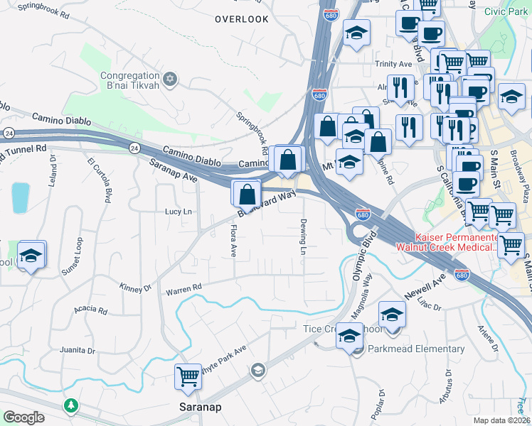 map of restaurants, bars, coffee shops, grocery stores, and more near 74 Palana Court in Walnut Creek
