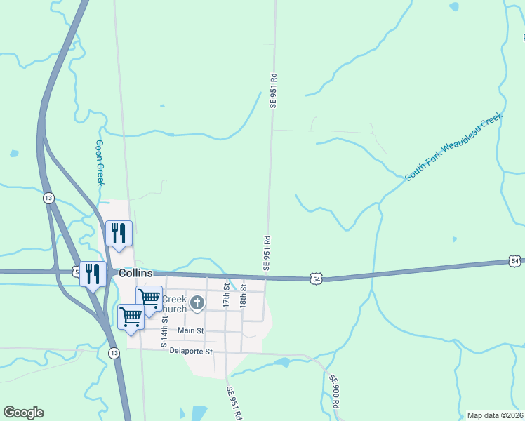 map of restaurants, bars, coffee shops, grocery stores, and more near 8444 Southeast 951 Road in Collins