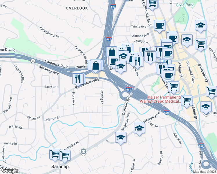 map of restaurants, bars, coffee shops, grocery stores, and more near 1236 Clover Lane in Walnut Creek