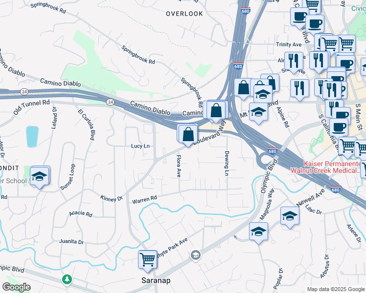 map of restaurants, bars, coffee shops, grocery stores, and more near 1255 Boulevard Way in Walnut Creek