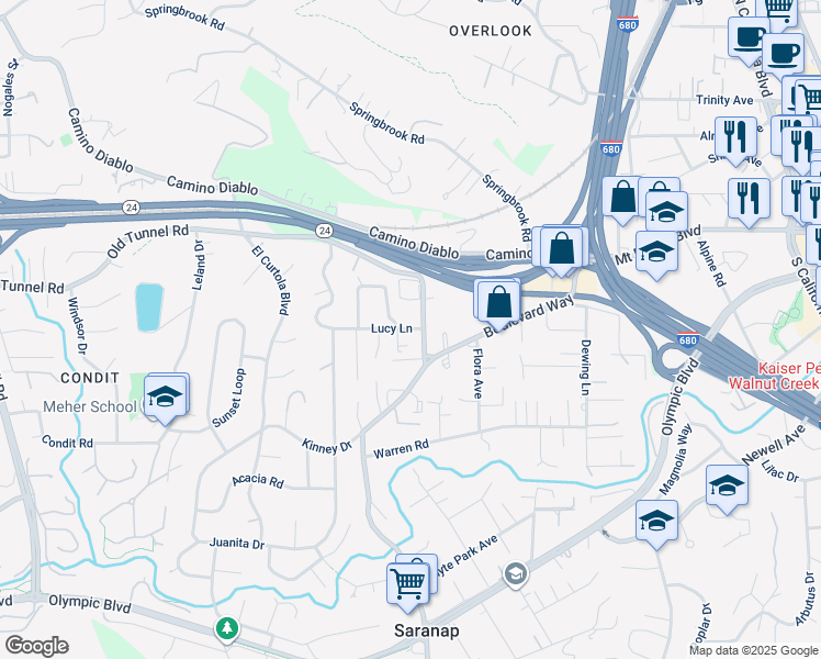 map of restaurants, bars, coffee shops, grocery stores, and more near 2538 Lucy Lane in Walnut Creek