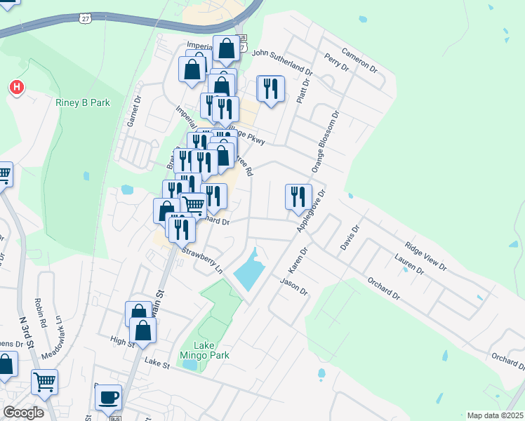 map of restaurants, bars, coffee shops, grocery stores, and more near 105 Orchard Court in Nicholasville