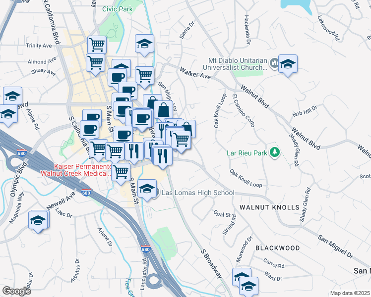 map of restaurants, bars, coffee shops, grocery stores, and more near 1855 San Miguel Drive in Walnut Creek