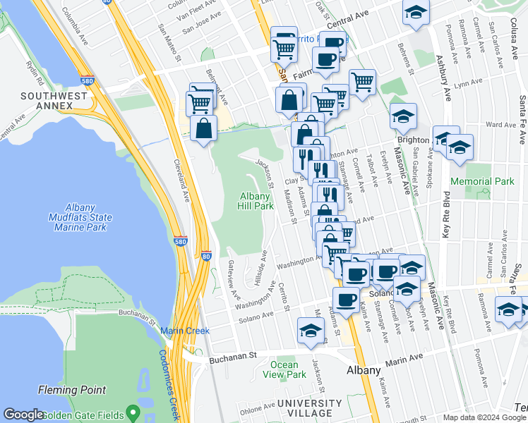map of restaurants, bars, coffee shops, grocery stores, and more near 731 Taft Street in Albany