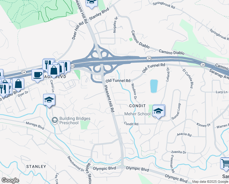 map of restaurants, bars, coffee shops, grocery stores, and more near 1050 Lindsey Court in Lafayette