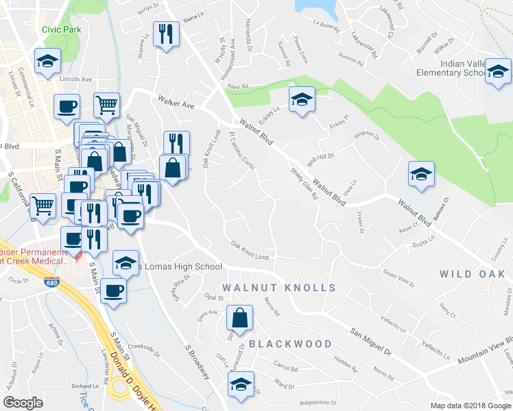 map of restaurants, bars, coffee shops, grocery stores, and more near 15 Treecrest Place in Walnut Creek