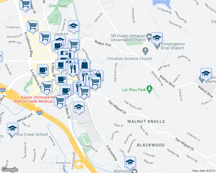 map of restaurants, bars, coffee shops, grocery stores, and more near 1866 San Miguel Drive in Walnut Creek