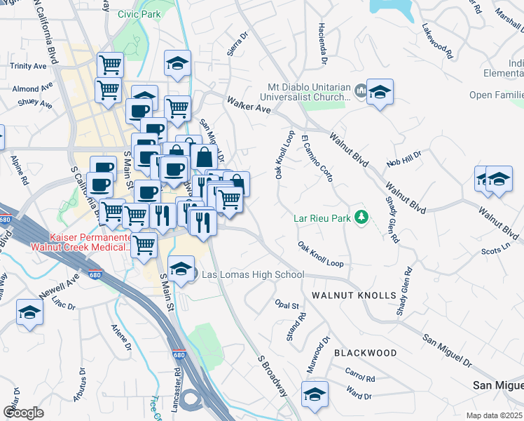 map of restaurants, bars, coffee shops, grocery stores, and more near 1866-1872 San Miguel Drive in Walnut Creek