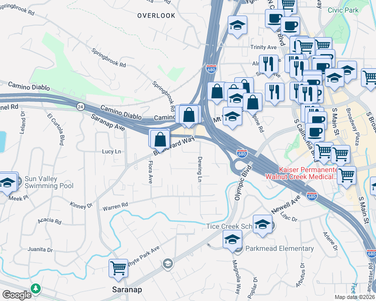 map of restaurants, bars, coffee shops, grocery stores, and more near 73 Del Hambre Circle in Walnut Creek