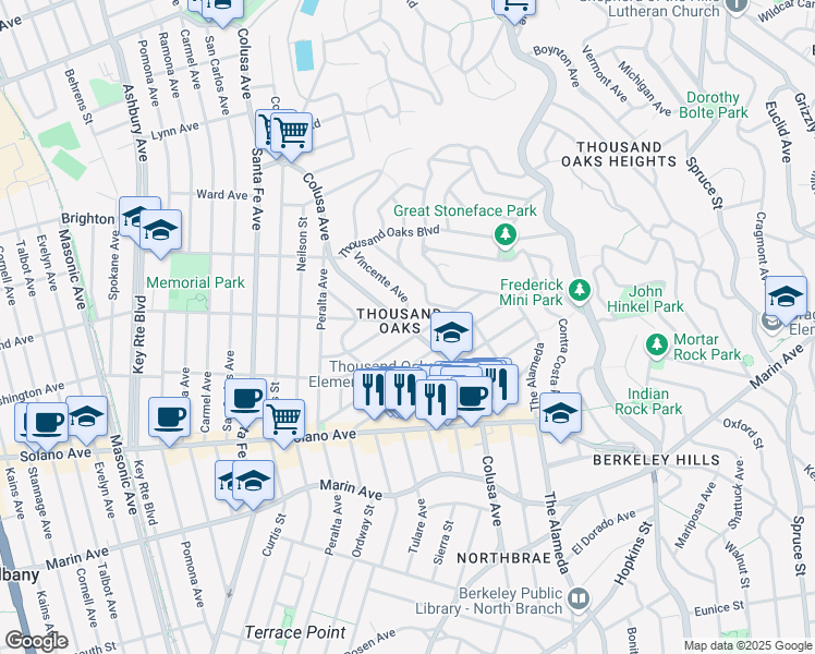 map of restaurants, bars, coffee shops, grocery stores, and more near 1813 San Lorenzo Avenue in Berkeley