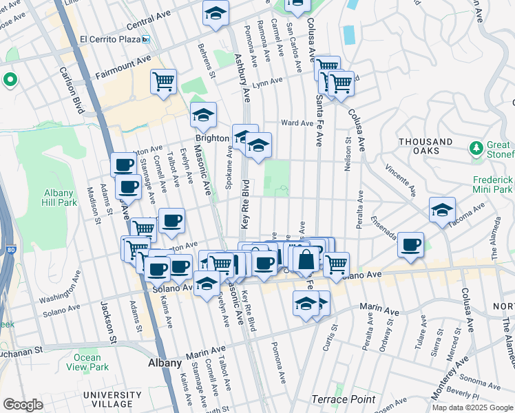 map of restaurants, bars, coffee shops, grocery stores, and more near 710 Pomona Avenue in Albany