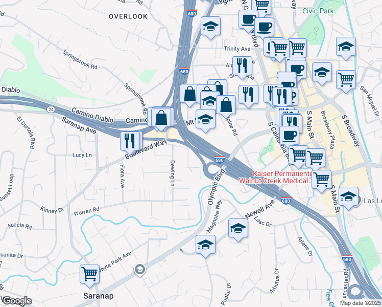 map of restaurants, bars, coffee shops, grocery stores, and more near 1236 Clover Lane in Walnut Creek