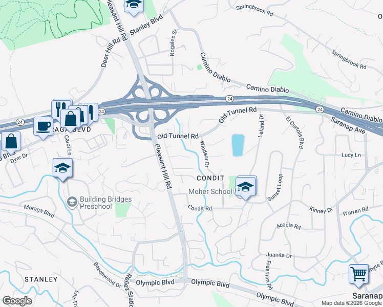 map of restaurants, bars, coffee shops, grocery stores, and more near 1040 Lindsey Court in Lafayette