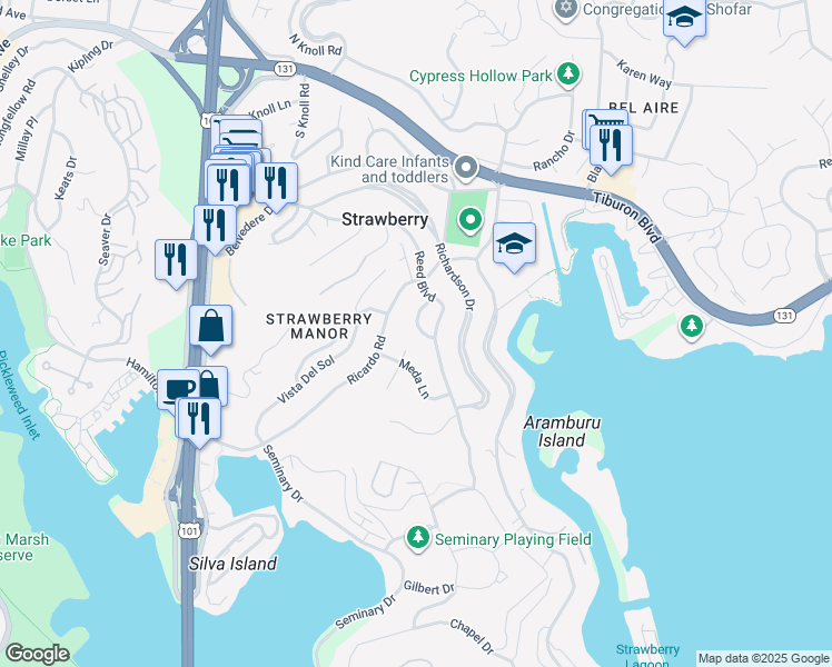 map of restaurants, bars, coffee shops, grocery stores, and more near 222 Reed Circle in Mill Valley