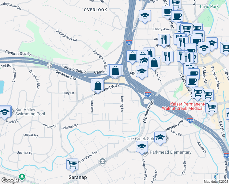 map of restaurants, bars, coffee shops, grocery stores, and more near 73 Del Hambre Circle in Walnut Creek