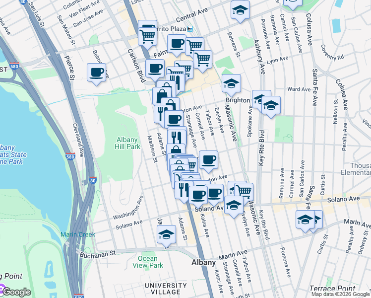 map of restaurants, bars, coffee shops, grocery stores, and more near 624 Kains Avenue in Albany