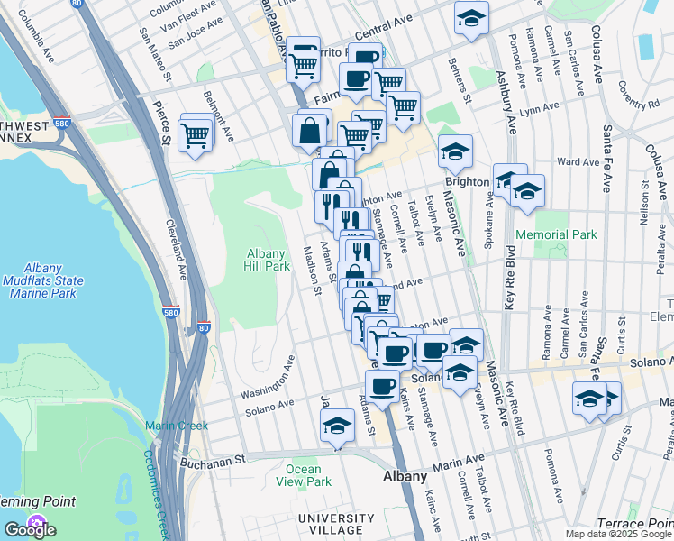 map of restaurants, bars, coffee shops, grocery stores, and more near 645 Adams Street in Albany