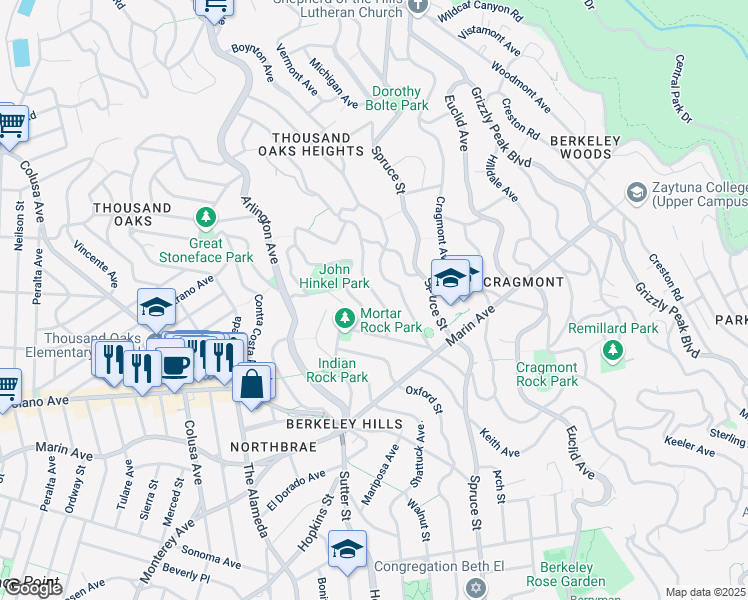 map of restaurants, bars, coffee shops, grocery stores, and more near 810 San Luis Road in Berkeley