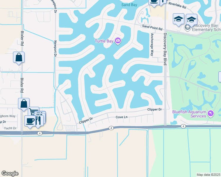 map of restaurants, bars, coffee shops, grocery stores, and more near 4400 Driftwood Court in Discovery Bay