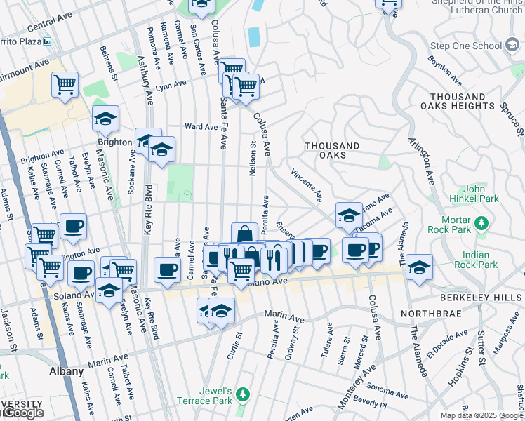 map of restaurants, bars, coffee shops, grocery stores, and more near 706 Peralta Avenue in Berkeley