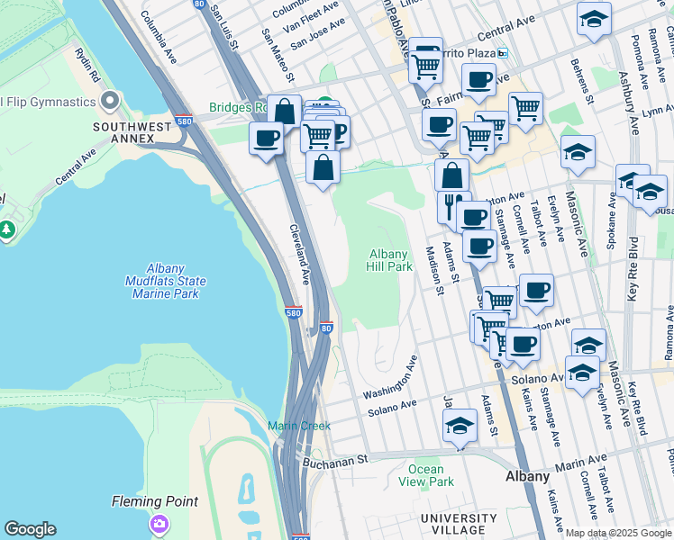 map of restaurants, bars, coffee shops, grocery stores, and more near 555 Pierce Street in Albany