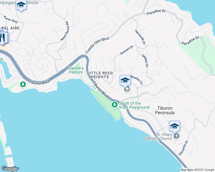 map of restaurants, bars, coffee shops, grocery stores, and more near 550 Tenaya Drive in Tiburon