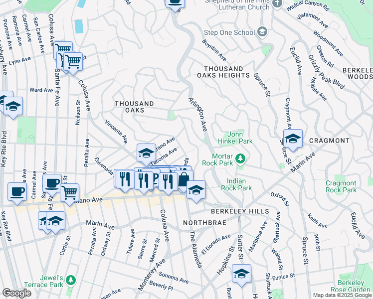 map of restaurants, bars, coffee shops, grocery stores, and more near 747 The Alameda in Berkeley