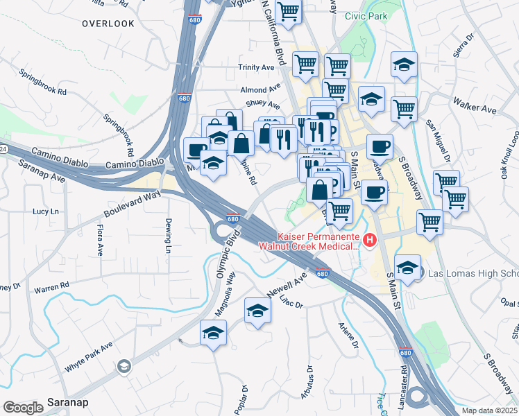 map of restaurants, bars, coffee shops, grocery stores, and more near 1901 Olympic Boulevard in Walnut Creek