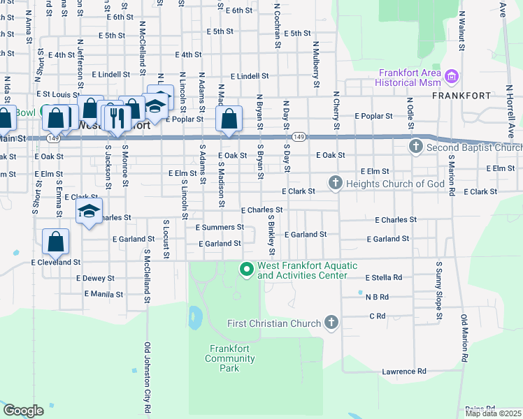 map of restaurants, bars, coffee shops, grocery stores, and more near 1200 East Charles Street in West Frankfort