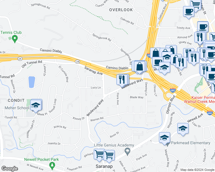 map of restaurants, bars, coffee shops, grocery stores, and more near 1172 Saranap Avenue in Walnut Creek