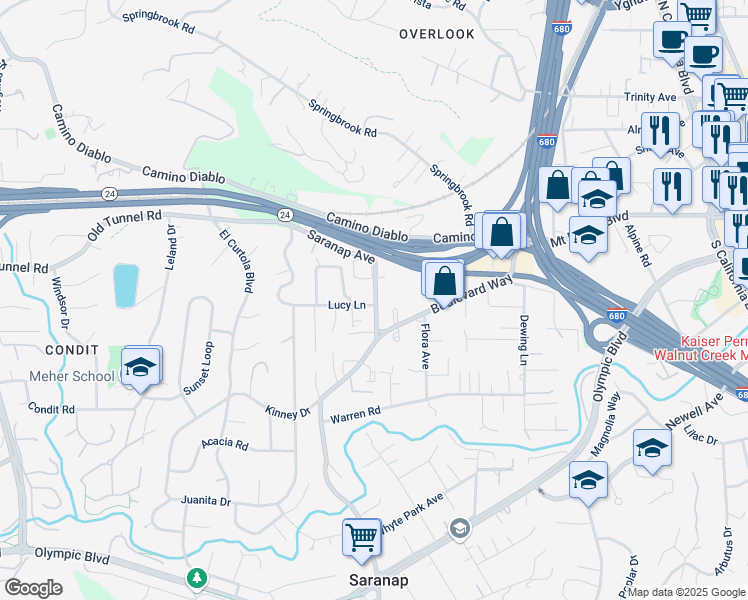 map of restaurants, bars, coffee shops, grocery stores, and more near 1172 Saranap Avenue in Walnut Creek