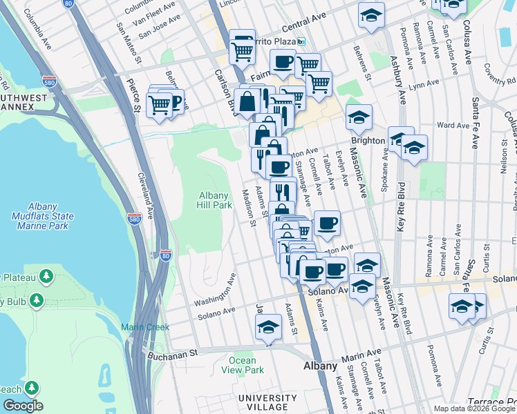 map of restaurants, bars, coffee shops, grocery stores, and more near 645 Adams Street in Albany